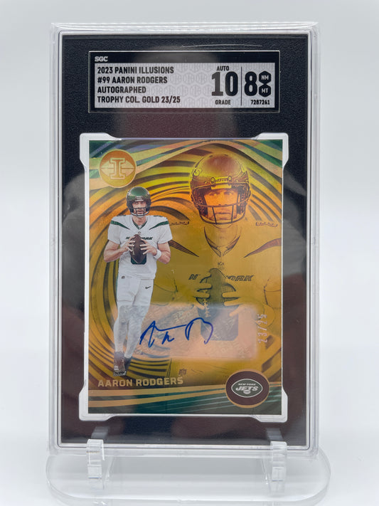 2023 Panini Illusions Aaron Rogers Auto #99 Trophy Collection Gold 23/25 #99 SGC 10 Auto SGC Mint 8